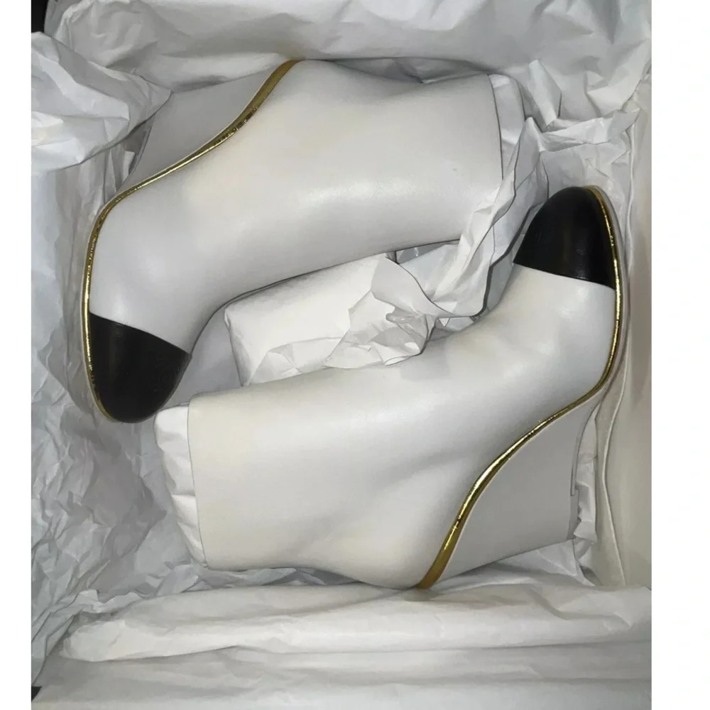 NWT CHANEL white black and gold wedge booties